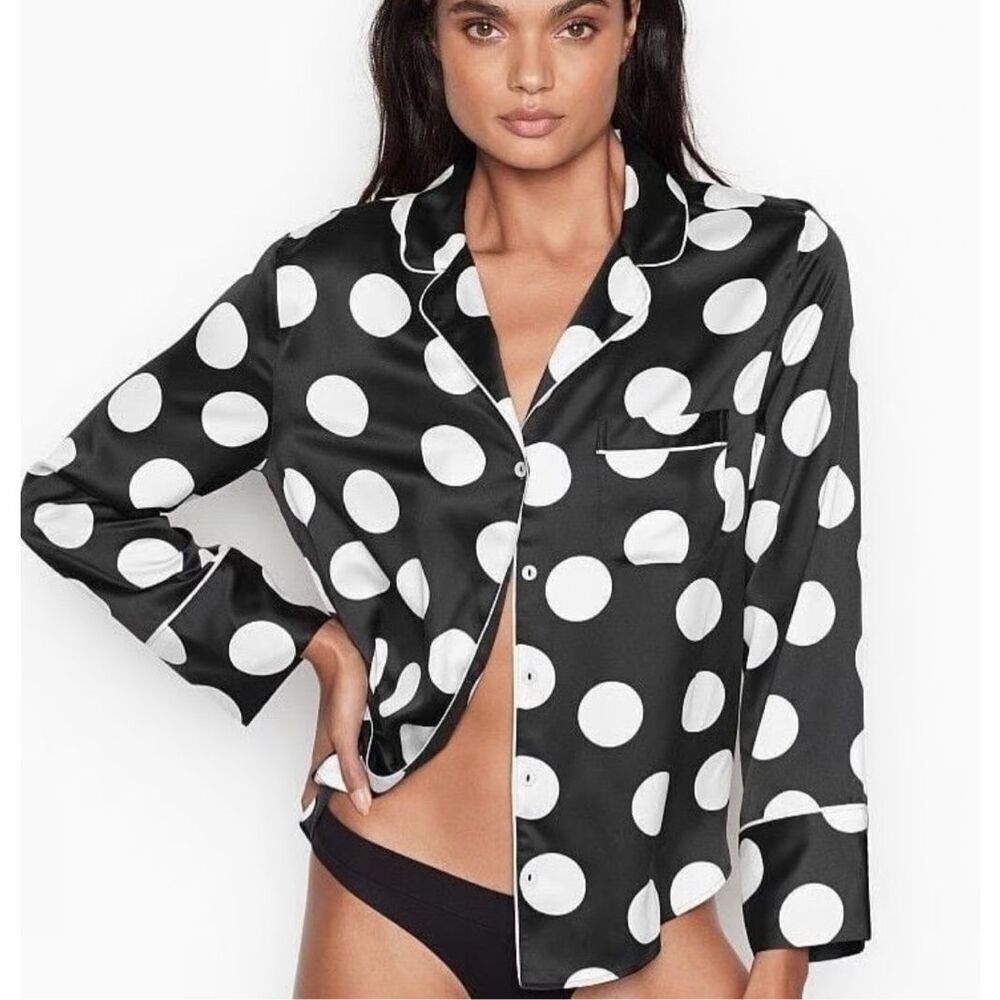 ✨Victoria Secret Afterhours Satin Two Piece Polka Dot Long Sleeve Sz M Pajamas✨
